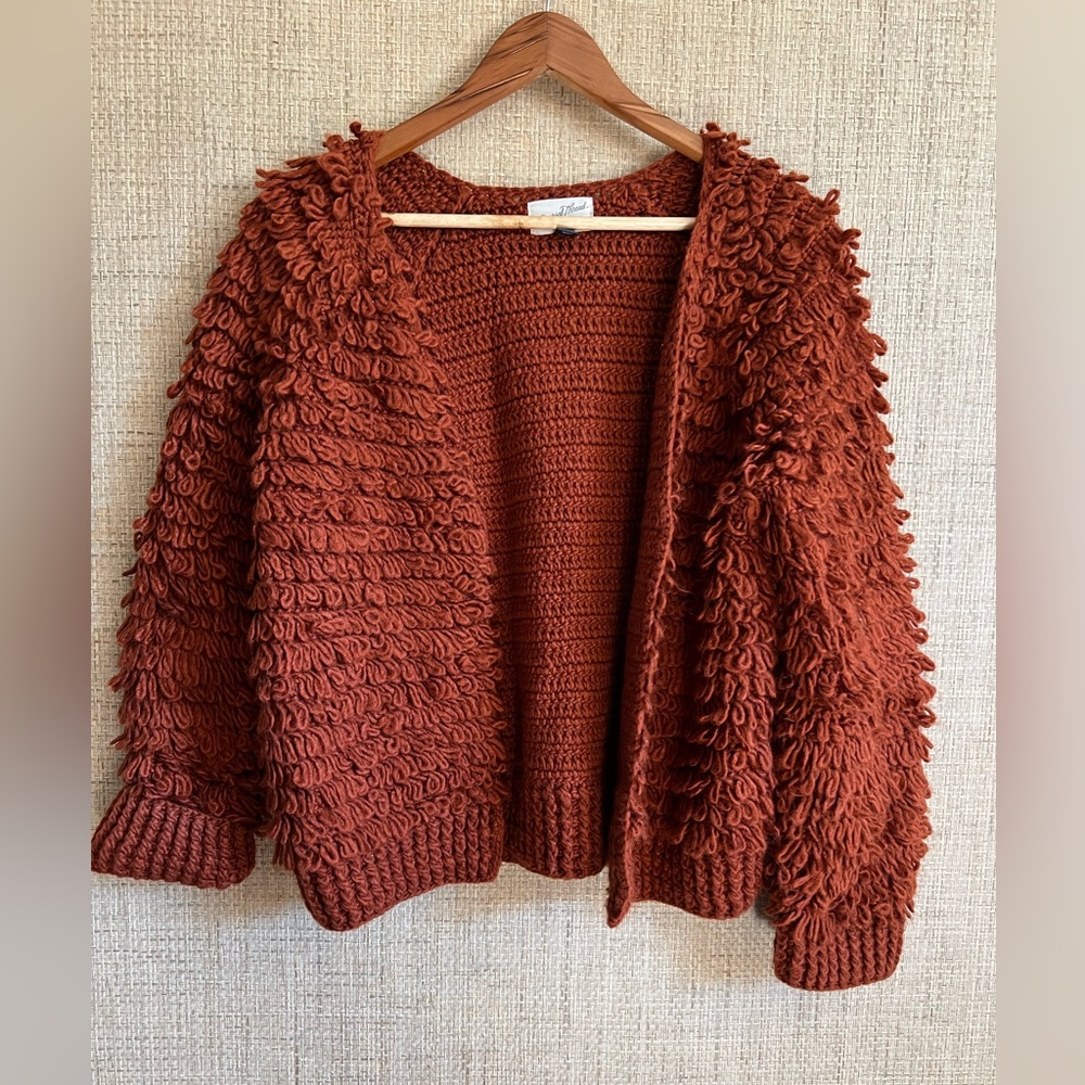 Rust colored loopy knit sweater coat